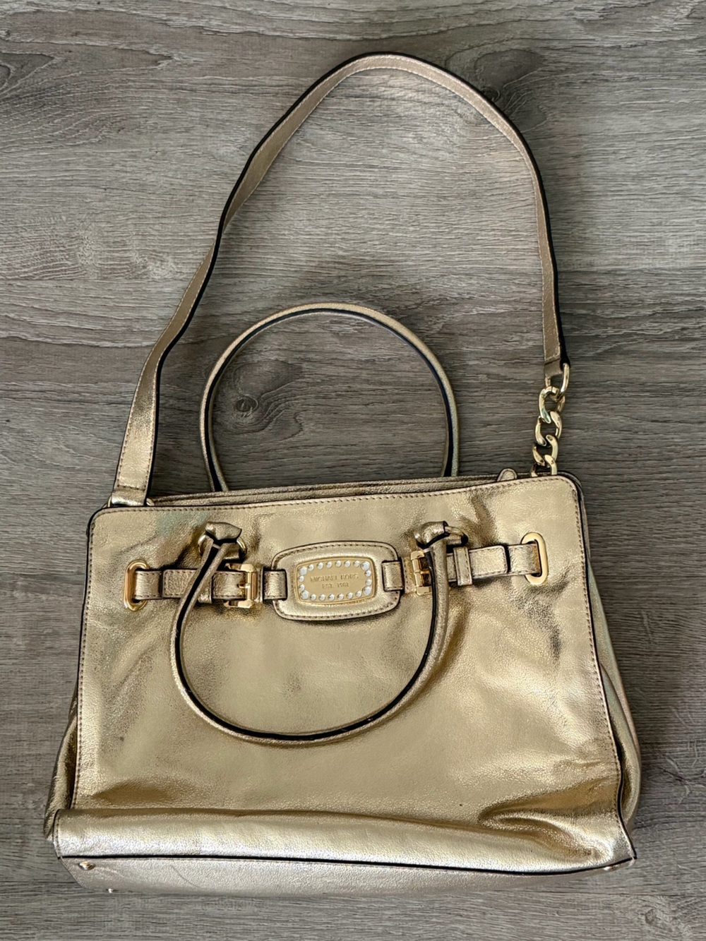 Michael Kors Gold Metallic Hamilton Handbag Satchel with Chain-Detail Strap